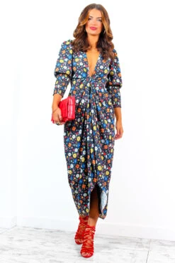 Glamorous Drive Em Wild - Black Multi Sticker Print Midi Wrap Dress