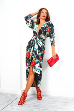 Glamorous Drive Em Wild - Black White Floral Abstract Print Midi Wrap Dress -Fashion Clothing Store Drive EmWild BlackWhiteFloralAbstractPrintMidiWrapDress 8