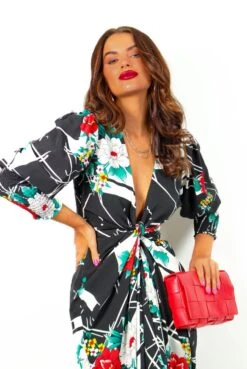 Glamorous Drive Em Wild - Black White Floral Abstract Print Midi Wrap Dress -Fashion Clothing Store Drive EmWild BlackWhiteFloralAbstractPrintMidiWrapDress 9