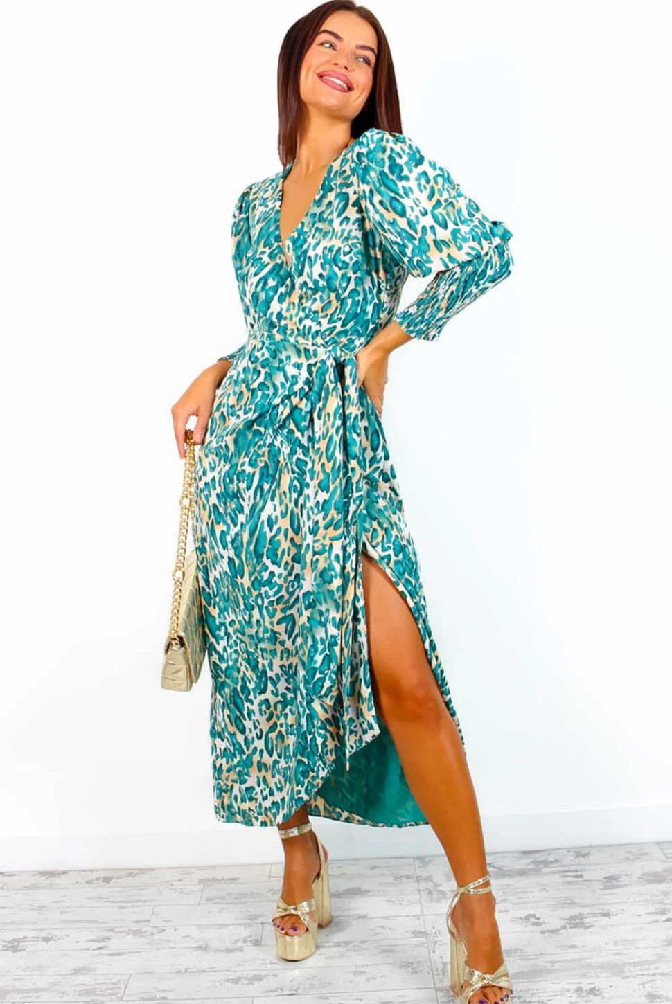 Glamorous Drive Em Wild - Blue Beige Animal Print Midi Wrap Dress 3 Glamorous Drive Em Wild - Blue Beige Animal Print Midi Wrap Dress - Image 3