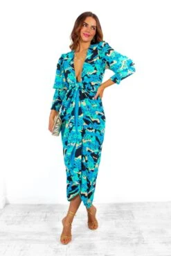 Glamorous Drive Em Wild - Blue Turquoise Camo Leopard Print Midi Wrap Dress