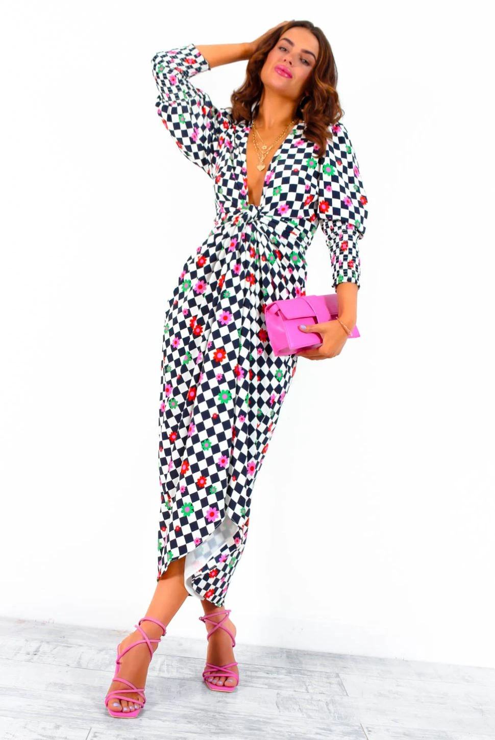 Glamorous Drive Em Wild - Checkerboard Flower Print Midi Wrap Dress 4 Glamorous Drive Em Wild - Checkerboard Flower Print Midi Wrap Dress - Image 4