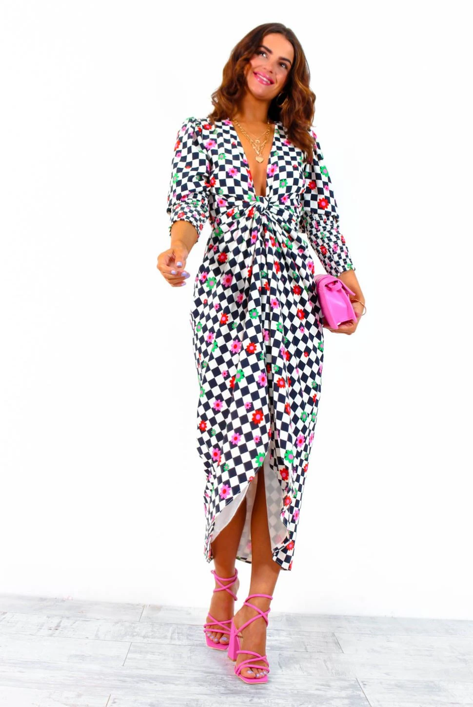 Glamorous Drive Em Wild - Checkerboard Flower Print Midi Wrap Dress 6 Glamorous Drive Em Wild - Checkerboard Flower Print Midi Wrap Dress - Image 6