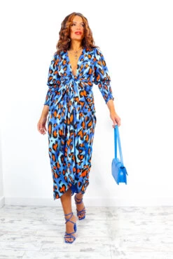 Glamorous Drive Em Wild - Cobalt Orange Leopard Midi Wrap Dress -Fashion Clothing Store Drive EmWild CobaltOrangeLeopardMidiWrapDress 1