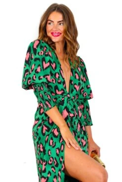 Glamorous Drive 'Em Wild - Forest Pink Leopard Midi Wrap Dress -Fashion Clothing Store Drive EmWild ForestPinkLeopardMidiWrapDress 1