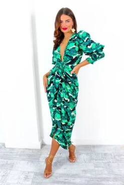 Glamorous Drive Em Wild - Green Black Animal Print Midi Wrap Dress -Fashion Clothing Store Drive EmWild GreenBlackAnimalPrintMidiWrapDress 1