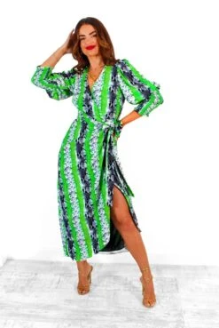 Glamorous Drive Em Wild - Green Grey Snake Print Midi Wrap Dress -Fashion Clothing Store Drive EmWild GreenGreySnakePrintMidiWrapDress 4