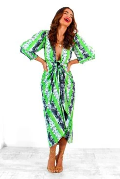 Glamorous Drive Em Wild - Green Grey Snake Print Midi Wrap Dress