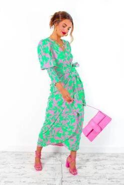 Glamorous Drive 'Em Wild - Green Pink Leaf Print Midi Wrap Dress -Fashion Clothing Store Drive EmWild GreenPinkLeafPrintMidiWrapDress 2
