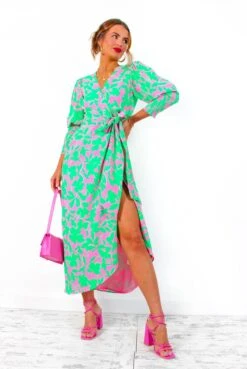 Glamorous Drive 'Em Wild - Green Pink Leaf Print Midi Wrap Dress -Fashion Clothing Store Drive EmWild GreenPinkLeafPrintMidiWrapDress 5