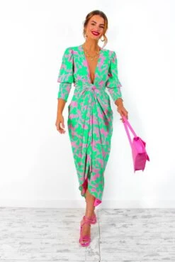 Glamorous Drive 'Em Wild - Green Pink Leaf Print Midi Wrap Dress -Fashion Clothing Store Drive EmWild GreenPinkLeafPrintMidiWrapDress 7