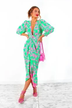 Glamorous Drive 'Em Wild - Green Pink Leaf Print Midi Wrap Dress -Fashion Clothing Store Drive EmWild GreenPinkLeafPrintMidiWrapDress 8