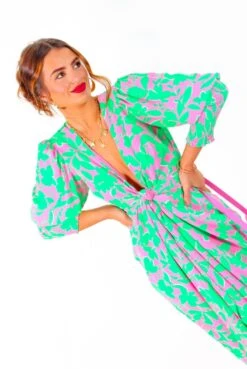 Glamorous Drive 'Em Wild - Green Pink Leaf Print Midi Wrap Dress -Fashion Clothing Store Drive EmWild GreenPinkLeafPrintMidiWrapDress 9