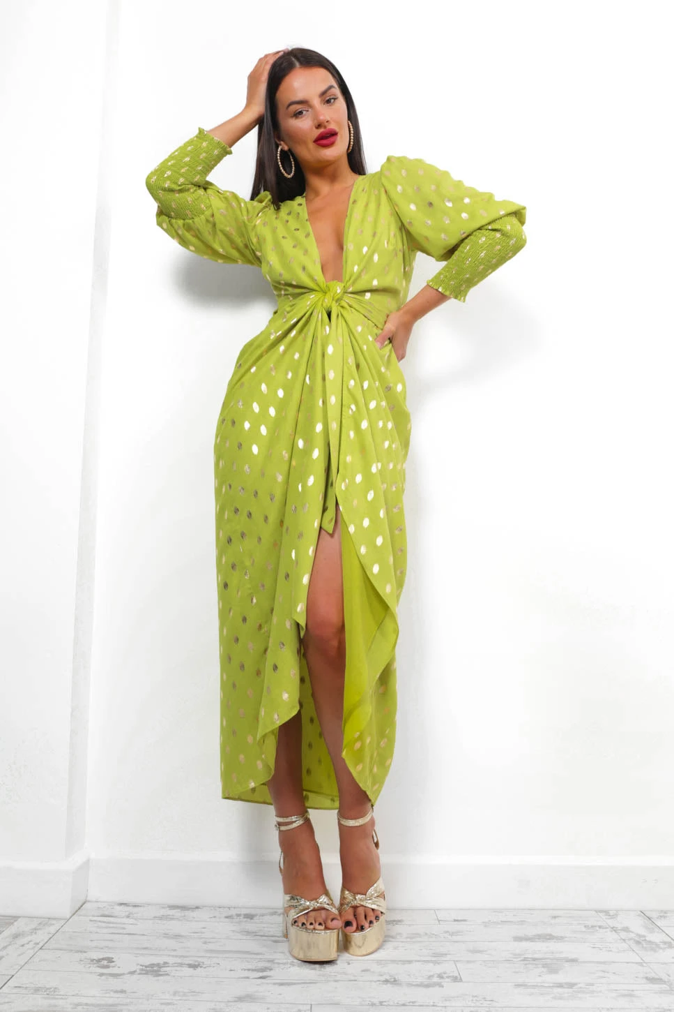 Glamorous Drive Em Wild - Lime Gold Foil Midi Wrap Dress 1 Glamorous Drive Em Wild - Lime Gold Foil Midi Wrap Dress