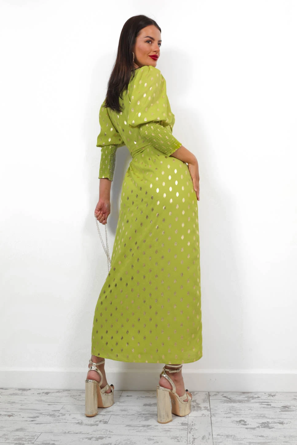 Glamorous Drive Em Wild - Lime Gold Foil Midi Wrap Dress 7 Glamorous Drive Em Wild - Lime Gold Foil Midi Wrap Dress - Image 7