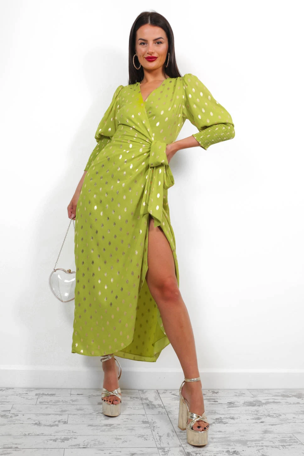 Glamorous Drive Em Wild - Lime Gold Foil Midi Wrap Dress 4 Glamorous Drive Em Wild - Lime Gold Foil Midi Wrap Dress - Image 4