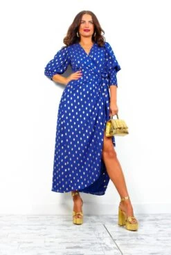 Glamorous Drive 'Em Wild - Cobalt Gold Foil Spot Midi Wrap Dress 15 Glamorous Drive 'Em Wild - Cobalt Gold Foil Spot Midi Wrap Dress -Fashion Clothing Store Drive EmWild NavyGoldFoilSpotMidiWrapDress 2