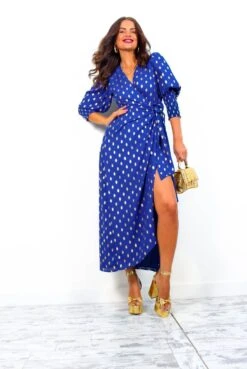 Glamorous Drive 'Em Wild - Cobalt Gold Foil Spot Midi Wrap Dress 13 Glamorous Drive 'Em Wild - Cobalt Gold Foil Spot Midi Wrap Dress -Fashion Clothing Store Drive EmWild NavyGoldFoilSpotMidiWrapDress 3