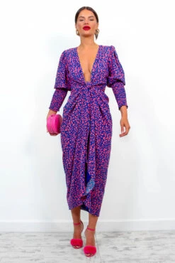 Glamorous Drive Em Wild - Navy Pink Leopard Midi Wrap Dress