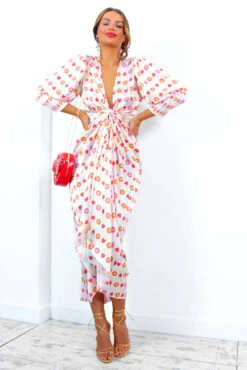 Glamorous Drive Em Wild - Pastel Pink Yellow Tile Print Midi Wrap Dress -Fashion Clothing Store Drive EmWild PastelPinkYellowTilePrintMidiWrapDress 8