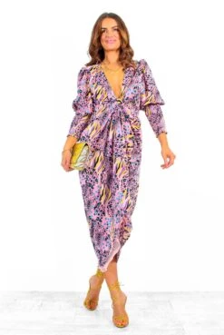 Glamorous Drive Em Wild - Pink Multi Animal Print Midi Wrap Dress