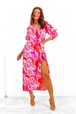 Glamorous Drive Em Wild - Pink Red Paisley Print Midi Wrap Dress -Fashion Clothing Store Drive EmWild PinkRedPaisleyPrintMidiWrapDress 2