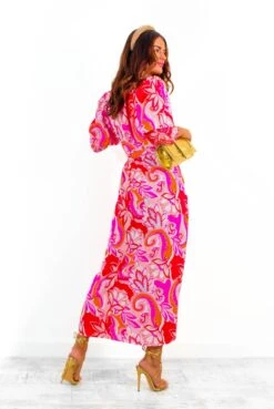 Glamorous Drive Em Wild - Pink Red Paisley Print Midi Wrap Dress -Fashion Clothing Store Drive EmWild PinkRedPaisleyPrintMidiWrapDress 3