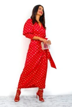 Glamorous Drive 'Em Wild - Red Gold Foil Spot Midi Wrap Dress 25 Glamorous Drive 'Em Wild - Red Gold Foil Spot Midi Wrap Dress -Fashion Clothing Store Drive EmWild RedGoldFoilSpotMidiWrapDress1