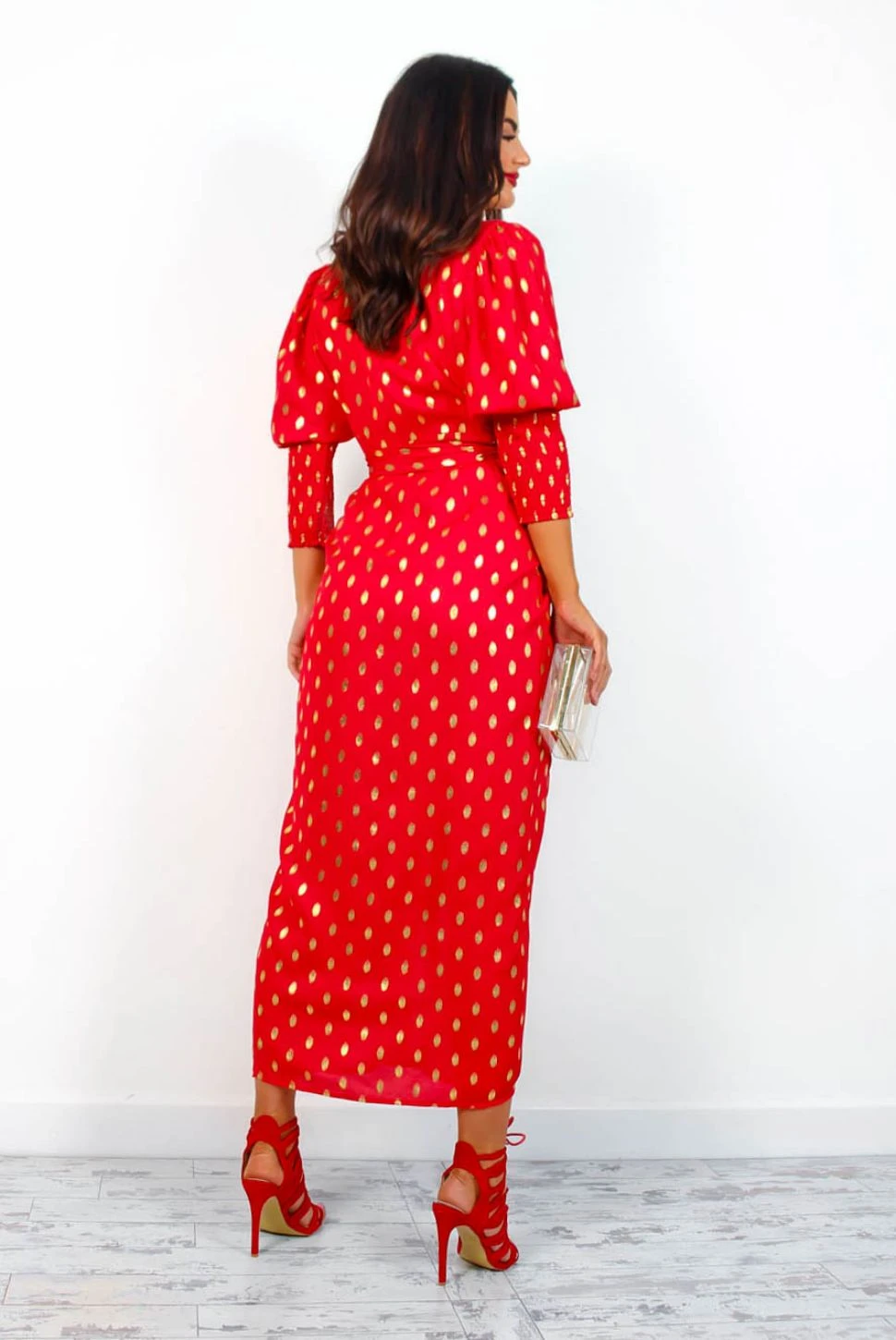 Glamorous Drive 'Em Wild - Red Gold Foil Spot Midi Wrap Dress 10 Glamorous Drive 'Em Wild - Red Gold Foil Spot Midi Wrap Dress - Image 10