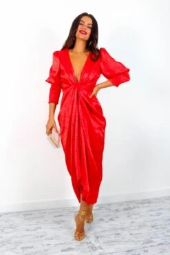 Glamorous Drive Em Wild - Red Leopard Jacquard Midi Wrap Dress -Fashion Clothing Store Drive EmWild RedLeopardJacquardMidiWrapDress5