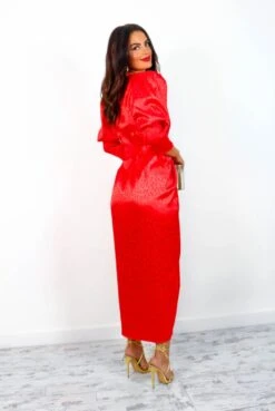 Glamorous Drive Em Wild - Red Leopard Jacquard Midi Wrap Dress -Fashion Clothing Store Drive EmWild RedLeopardJacquardMidiWrapDress6