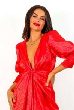 Glamorous Drive Em Wild - Red Leopard Jacquard Midi Wrap Dress -Fashion Clothing Store Drive EmWild RedLeopardJacquardMidiWrapDress7