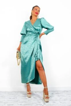 Glamorous Drive Em Wild - Sea Green Satin Leopard Jacquard Midi Wrap Dress -Fashion Clothing Store Drive EmWild SeaGreenSatinLeopardJacquardMidiWrapDress1
