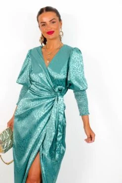 Glamorous Drive Em Wild - Sea Green Satin Leopard Jacquard Midi Wrap Dress -Fashion Clothing Store Drive EmWild SeaGreenSatinLeopardJacquardMidiWrapDress2