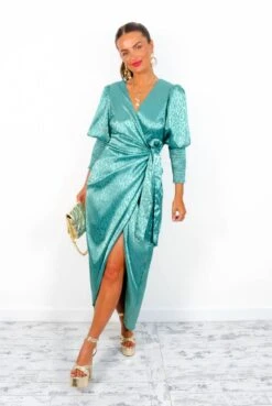 Glamorous Drive Em Wild - Sea Green Satin Leopard Jacquard Midi Wrap Dress -Fashion Clothing Store Drive EmWild SeaGreenSatinLeopardJacquardMidiWrapDress3