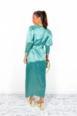 Glamorous Drive Em Wild - Sea Green Satin Leopard Jacquard Midi Wrap Dress -Fashion Clothing Store Drive EmWild SeaGreenSatinLeopardJacquardMidiWrapDress4