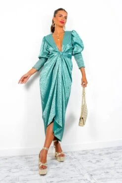Glamorous Drive Em Wild - Sea Green Satin Leopard Jacquard Midi Wrap Dress -Fashion Clothing Store Drive EmWild SeaGreenSatinLeopardJacquardMidiWrapDress5