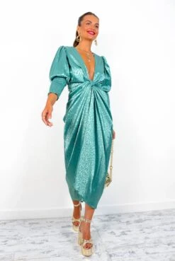 Glamorous Drive Em Wild - Sea Green Satin Leopard Jacquard Midi Wrap Dress -Fashion Clothing Store Drive EmWild SeaGreenSatinLeopardJacquardMidiWrapDress6