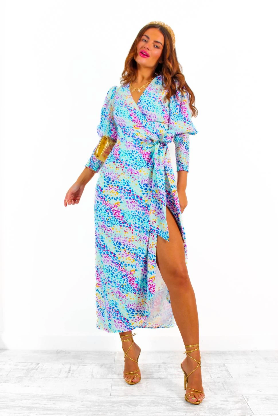 Glamorous Drive Em Wild - White Blue Multi Leopard Print Midi Wrap Dress 2 Glamorous Drive Em Wild - White Blue Multi Leopard Print Midi Wrap Dress - Image 2