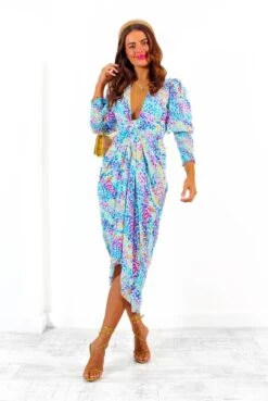 Glamorous Drive Em Wild - White Blue Multi Leopard Print Midi Wrap Dress