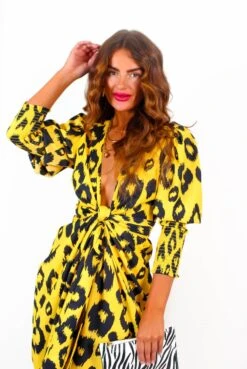 Glamorous Drive 'Em Wild - Yellow Black Animal Print Midi Wrap Dress -Fashion Clothing Store Drive EmWild YellowBlackAnimalPrintMidiWrapDress
