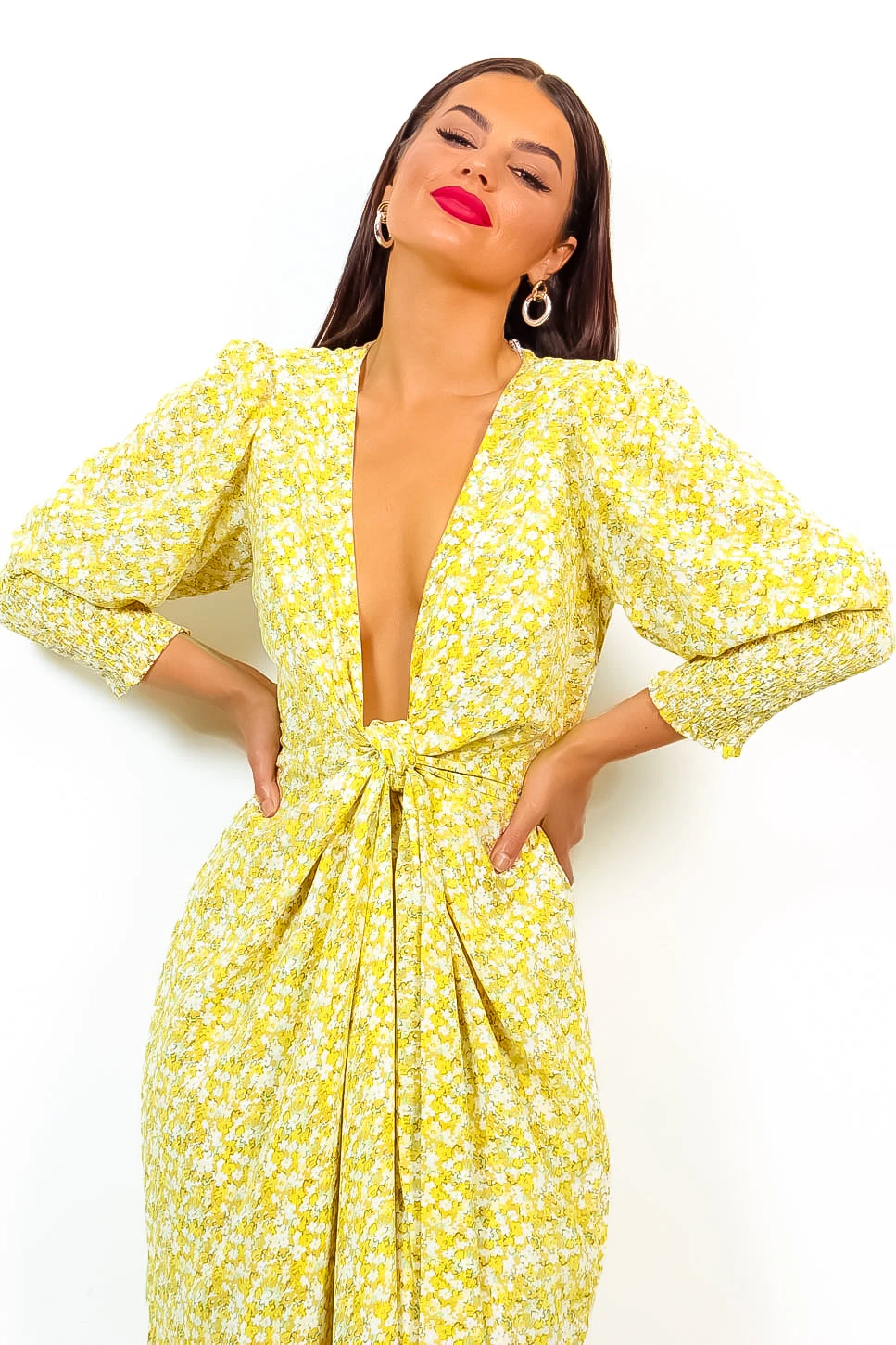 Drive Em Wild - Yellow Ditsy Floral Midi Wrap Dress 2 Drive Em Wild - Yellow Ditsy Floral Midi Wrap Dress - Image 2