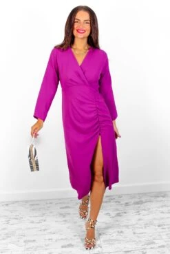 Eternal Beauty - Magenta Ruched Midi Dress -Fashion Clothing Store EternalBeauty MagentaRuchedMidiDress 1