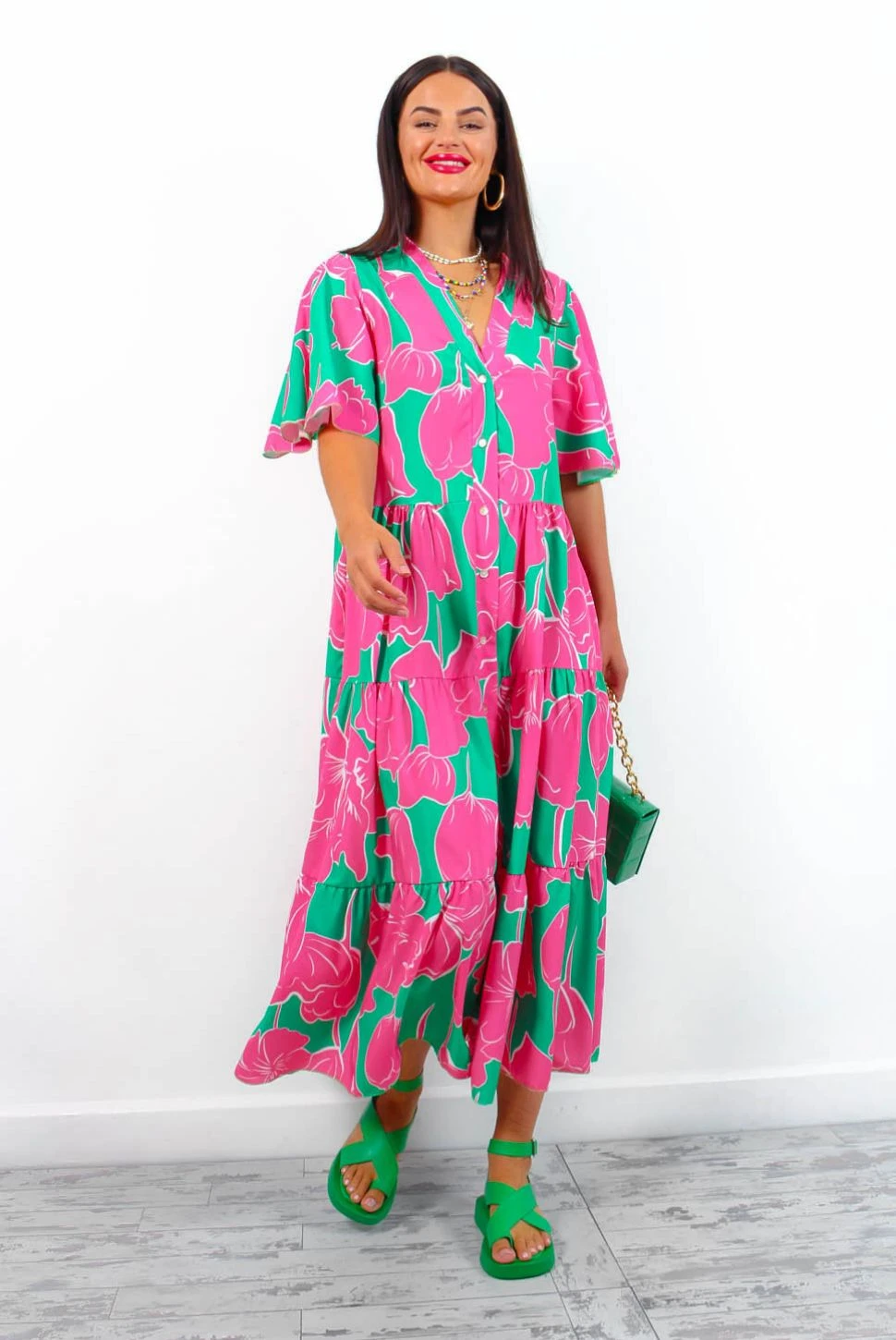 Fleur Damour - Green Pink Floral Midi Shirt Dress 5 Fleur Damour - Green Pink Floral Midi Shirt Dress - Image 5