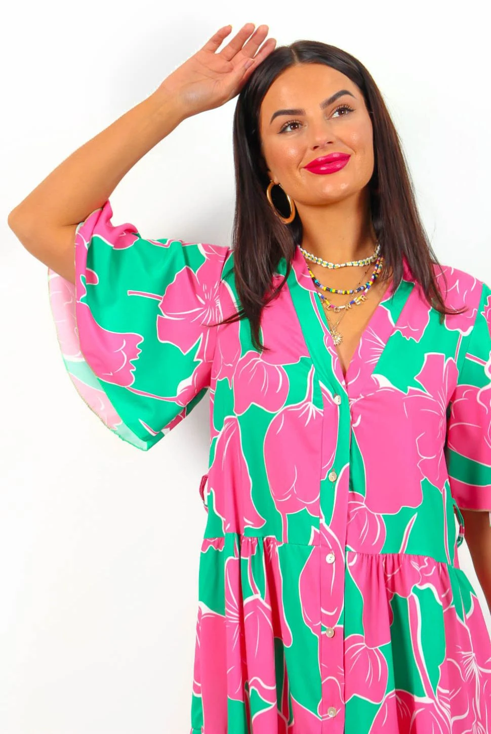 Fleur Damour - Green Pink Floral Midi Shirt Dress 2 Fleur Damour - Green Pink Floral Midi Shirt Dress - Image 2