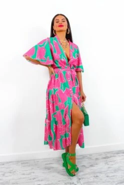 Fleur Damour - Green Pink Floral Midi Shirt Dress