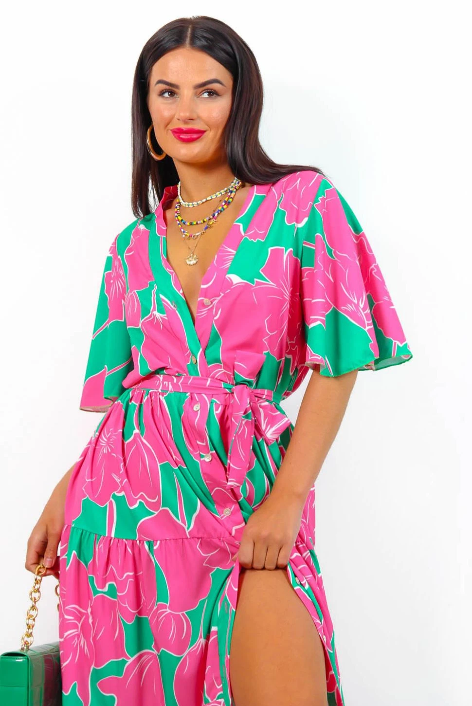 Fleur Damour - Green Pink Floral Midi Shirt Dress 6 Fleur Damour - Green Pink Floral Midi Shirt Dress - Image 6