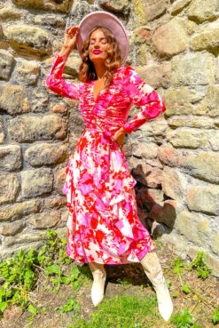 Feeling Flirty - Pink Peach Floral Ruche Detail Ruffle Midi Dress