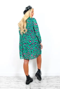 Feeling Feisty - Jade Green Fuchsia Leopard Print Pleated Mini Dress -Fashion Clothing Store FeelingFeisty JadeGreenFuchsiaLeopardPrintPleatedMiniDress 1