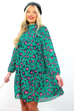 Feeling Feisty - Jade Green Fuchsia Leopard Print Pleated Mini Dress -Fashion Clothing Store FeelingFeisty JadeGreenFuchsiaLeopardPrintPleatedMiniDress 4
